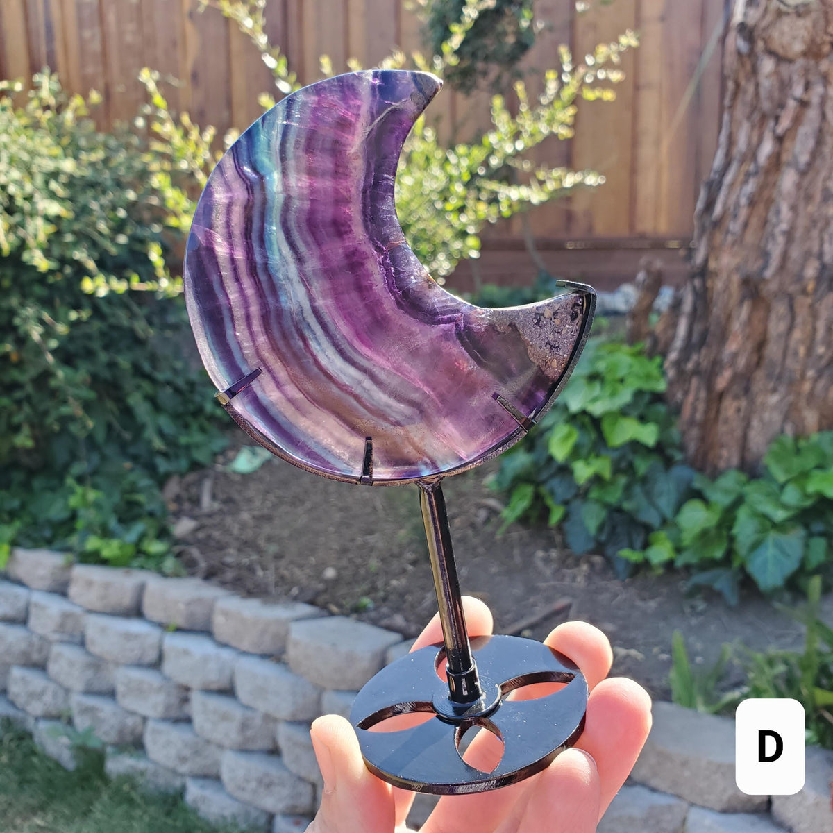 Rainbow Fluorite Moon on Stand - Mental Concentration, Energetic Protection, Positivity - Fluorite Crystal Moon Healing Gemstone