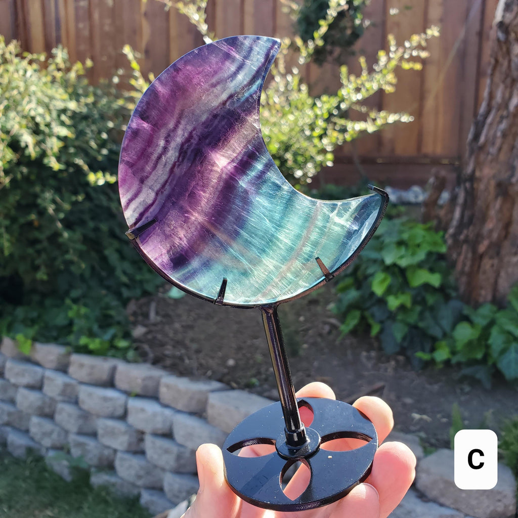 Rainbow Fluorite Moon on Stand - Mental Concentration, Energetic Protection, Positivity - Fluorite Crystal Moon Healing Gemstone