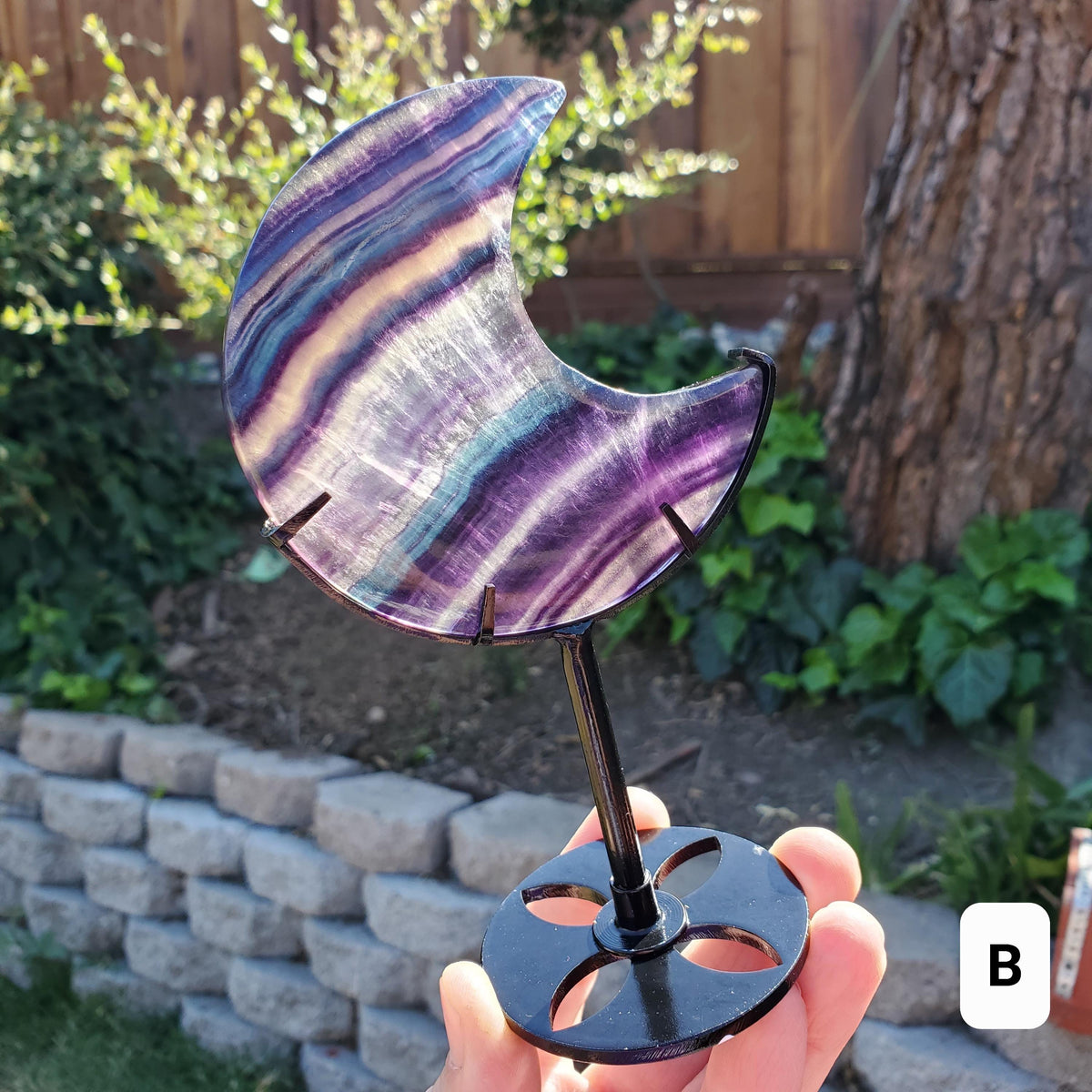 Rainbow Fluorite Moon on Stand - Mental Concentration, Energetic Protection, Positivity - Fluorite Crystal Moon Healing Gemstone