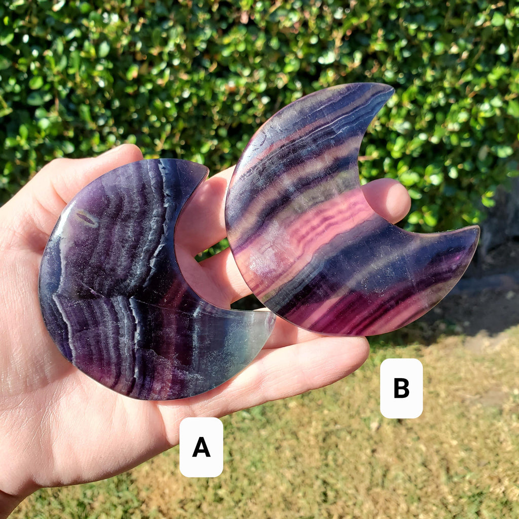Rainbow Fluorite Moon on Stand - Mental Concentration, Energetic Protection, Positivity - Fluorite Crystal Moon Healing Gemstone