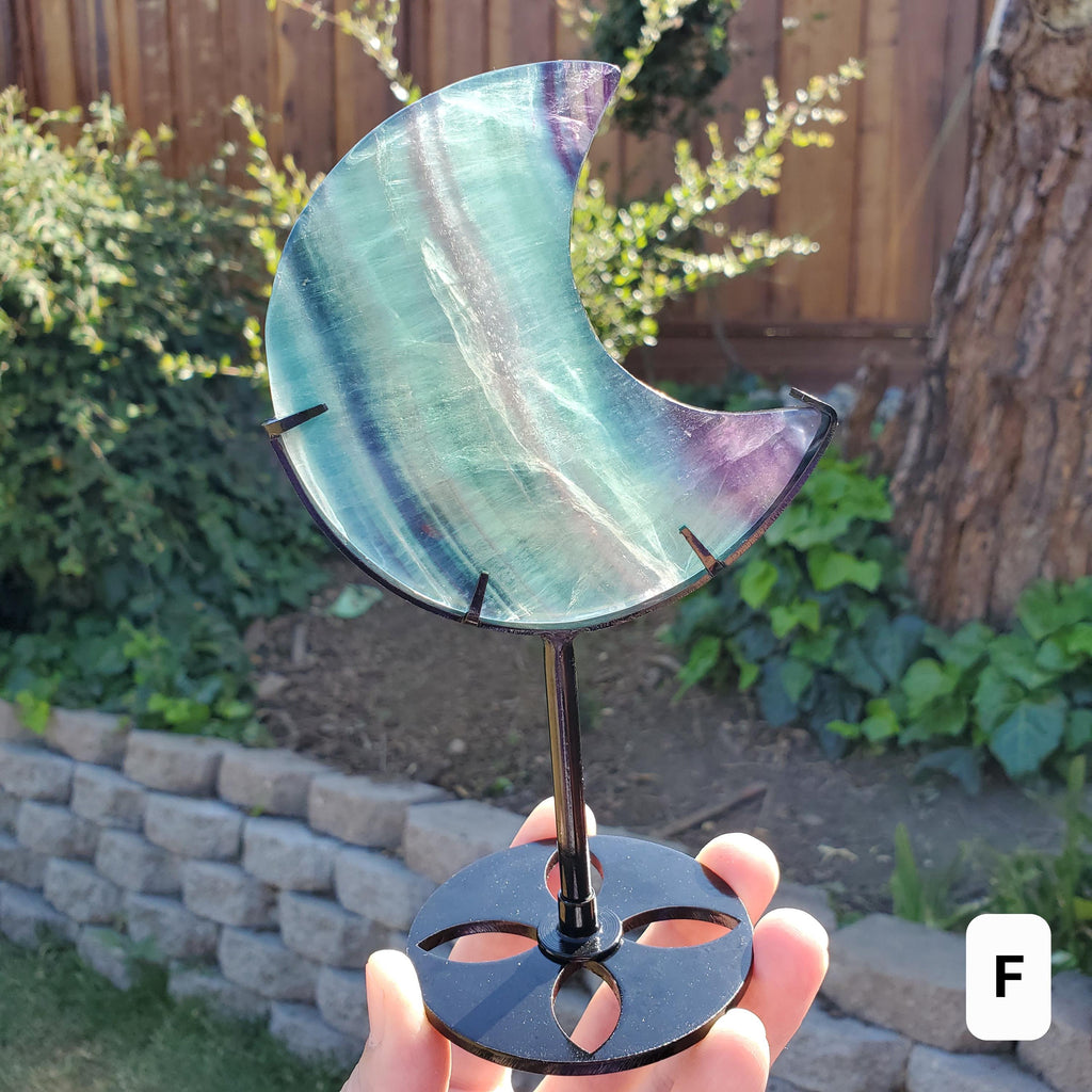 Rainbow Fluorite Moon on Stand - Mental Concentration, Energetic Protection, Positivity - Fluorite Crystal Moon Healing Gemstone