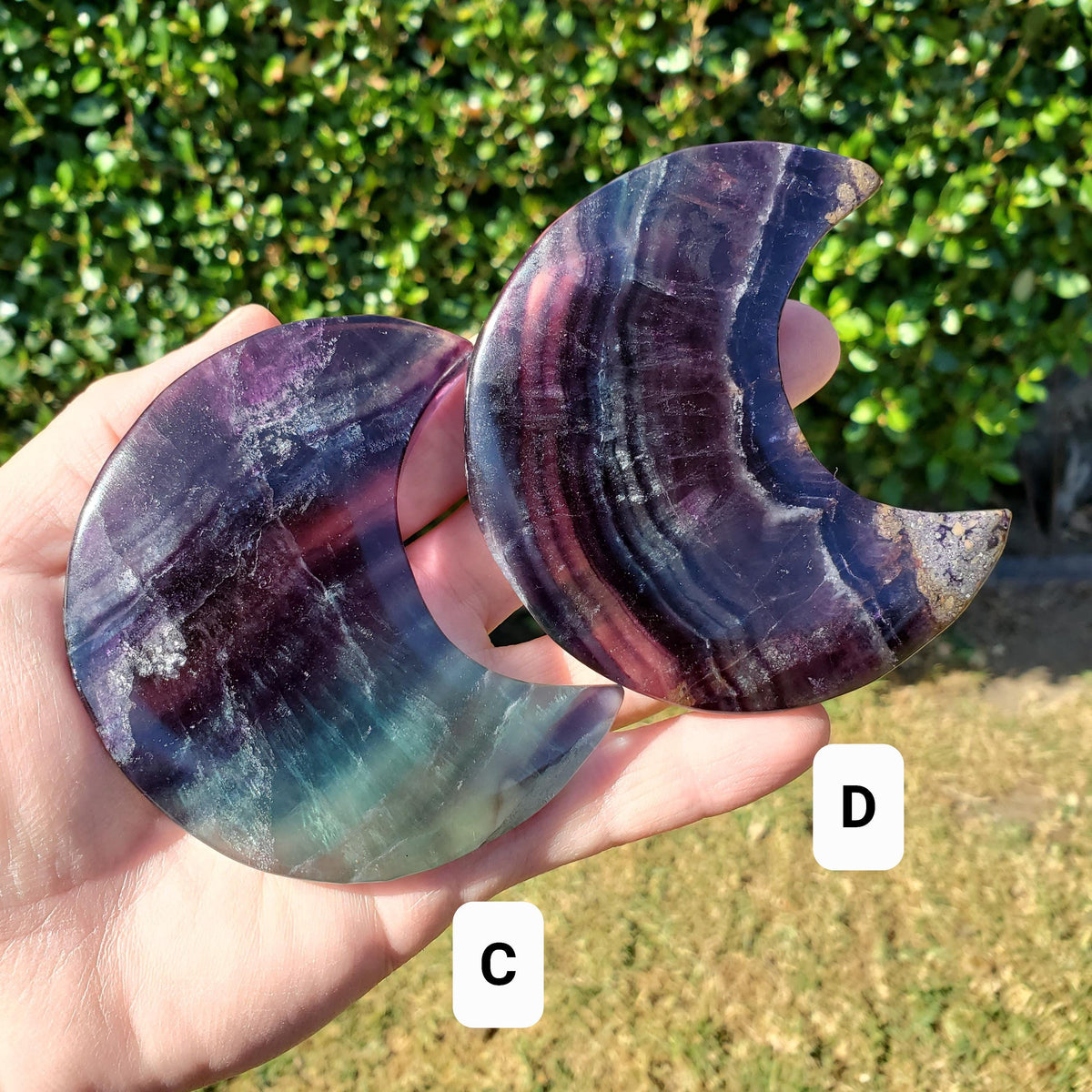 Rainbow Fluorite Moon on Stand - Mental Concentration, Energetic Protection, Positivity - Fluorite Crystal Moon Healing Gemstone