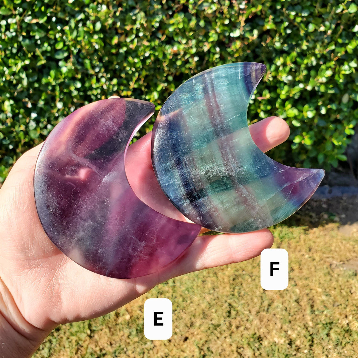 Rainbow Fluorite Moon on Stand - Mental Concentration, Energetic Protection, Positivity - Fluorite Crystal Moon Healing Gemstone
