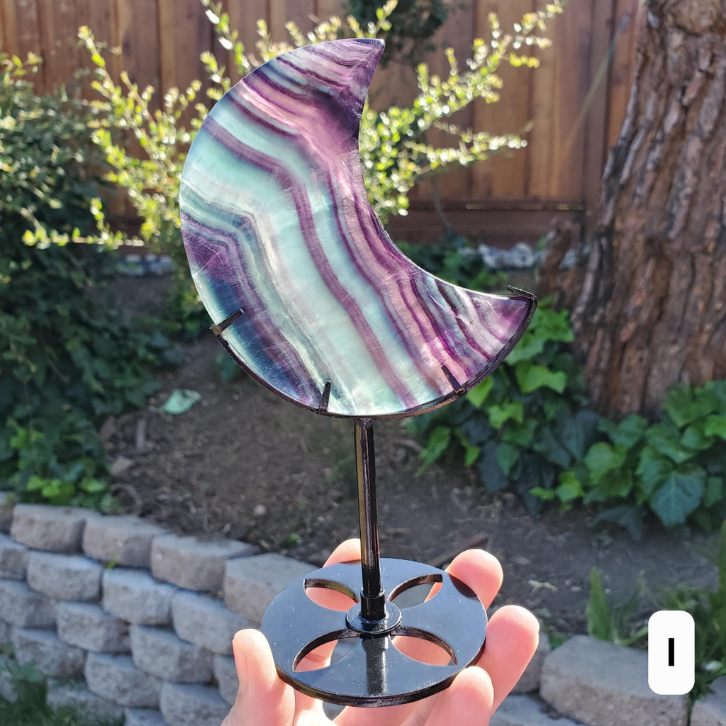 Rainbow Fluorite Moon on Stand - Mental Concentration, Energetic Protection, Positivity - Fluorite Crystal Moon Healing Gemstone