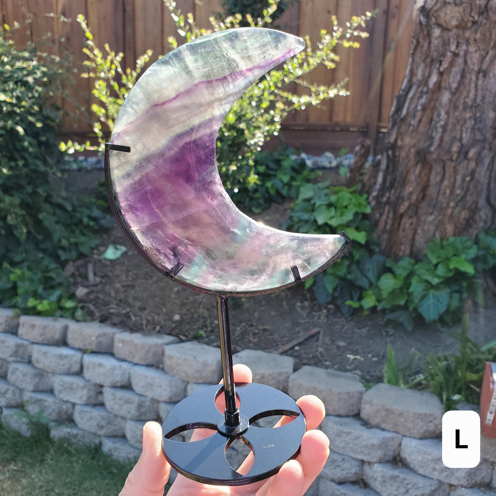 Rainbow Fluorite Moon on Stand - Mental Concentration, Energetic Protection, Positivity - Fluorite Crystal Moon Healing Gemstone