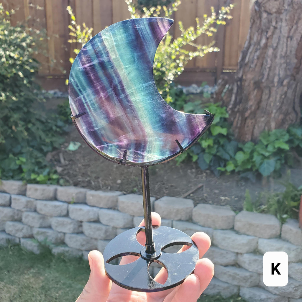 Rainbow Fluorite Moon on Stand - Mental Concentration, Energetic Protection, Positivity - Fluorite Crystal Moon Healing Gemstone