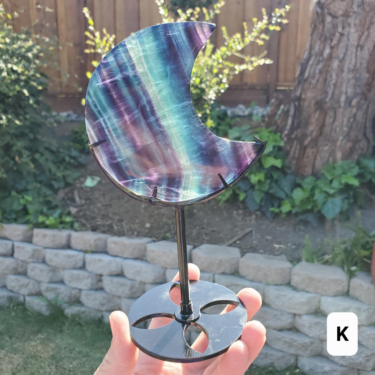 Rainbow Fluorite Moon on Stand - Mental Concentration, Energetic Protection, Positivity - Fluorite Crystal Moon Healing Gemstone
