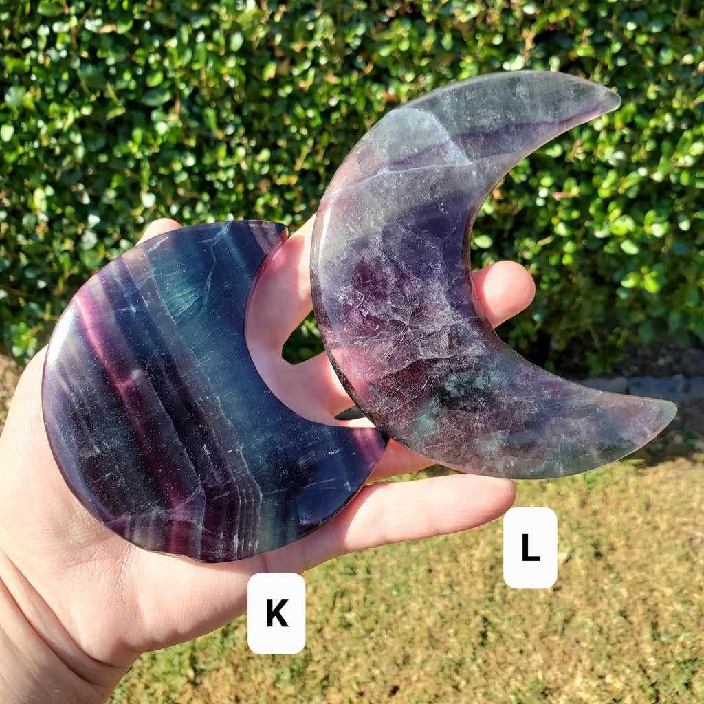 Rainbow Fluorite Moon on Stand - Mental Concentration, Energetic Protection, Positivity - Fluorite Crystal Moon Healing Gemstone