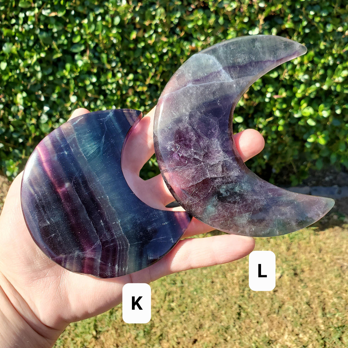 Rainbow Fluorite Moon on Stand - Mental Concentration, Energetic Protection, Positivity - Fluorite Crystal Moon Healing Gemstone