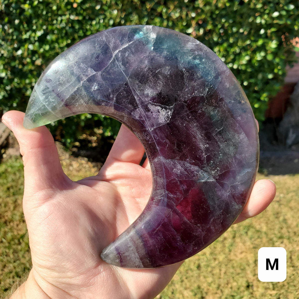 Rainbow Fluorite Moon on Stand - Mental Concentration, Energetic Protection, Positivity - Fluorite Crystal Moon Healing Gemstone