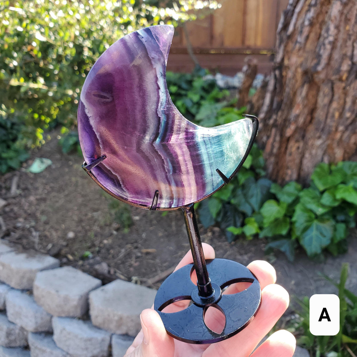 Rainbow Fluorite Moon on Stand - Mental Concentration, Energetic Protection, Positivity - Fluorite Crystal Moon Healing Gemstone