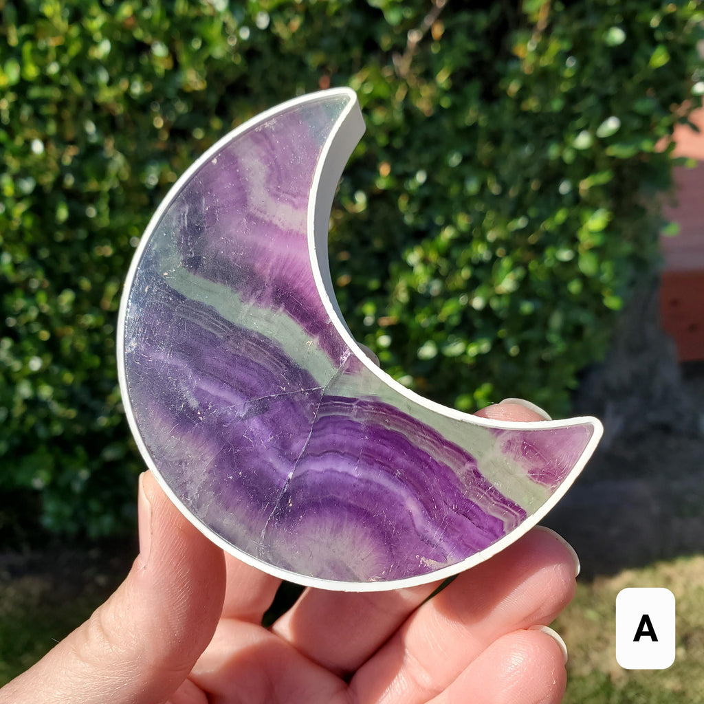 Rainbow Fluorite Moon Plug-In Light - Mental Clarity, Stability, Energetic Protection - Purple Crystal Moon Room Decor Accent