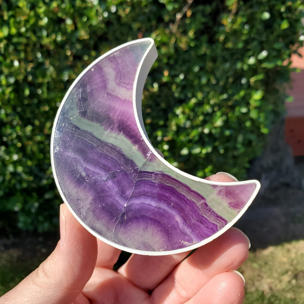 Rainbow Fluorite Moon Plug-In Light - Mental Clarity, Stability, Energetic Protection - Purple Crystal Moon Room Decor Accent
