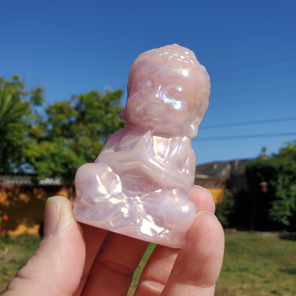 Aura Rose Quartz Buddha 3.15" - Unconditional Love, Compassion, Forgiveness - Pink Crystal Sitting Praying Buddha Healing Crystals Gemstones
