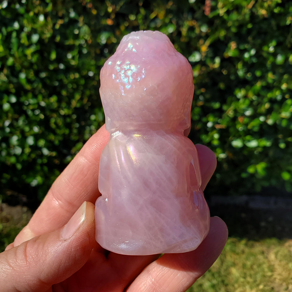 Aura Rose Quartz Buddha 3.15" - Unconditional Love, Compassion, Forgiveness - Pink Crystal Sitting Praying Buddha Healing Crystals Gemstones