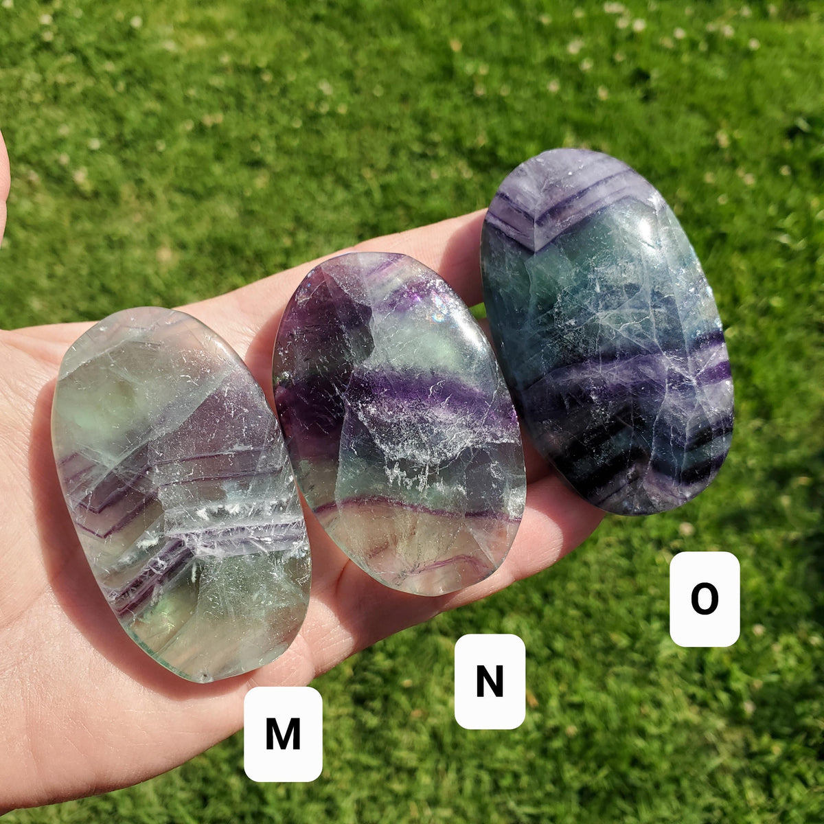 Rainbow Fluorite Palm Stone - Stability, Concentration, Protection - Banded Fluorite Healing Balancing Crystals Gemstones