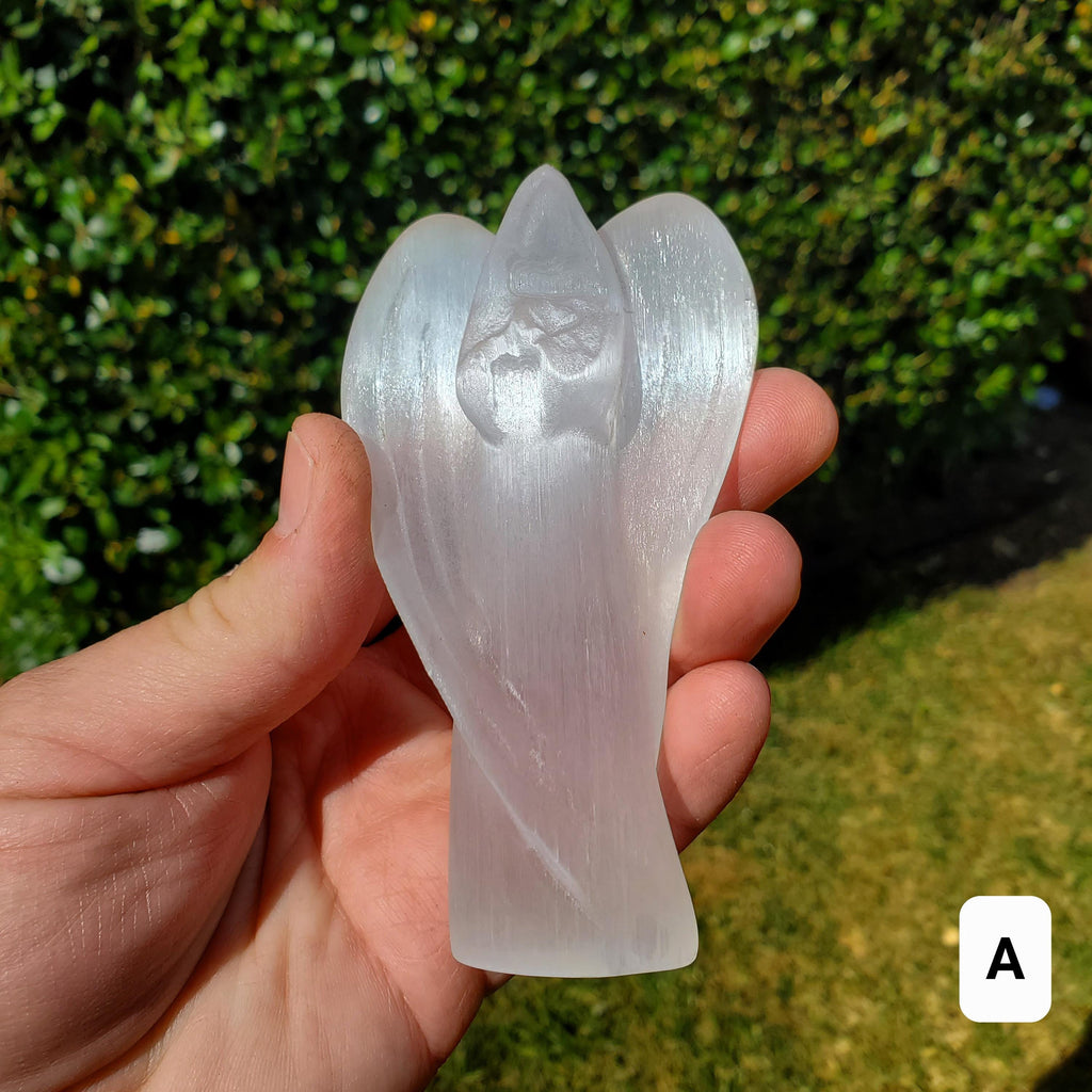 Selenite Angel Accent Lamp 4.75" or 6" tall - Tranquility, Blessings, Love & Light - Satin Spar Statement Angel Light with Wood Stand