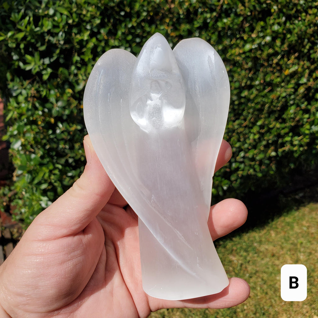 Selenite Angel Accent Lamp 4.75" or 6" tall - Tranquility, Blessings, Love & Light - Satin Spar Statement Angel Light with Wood Stand