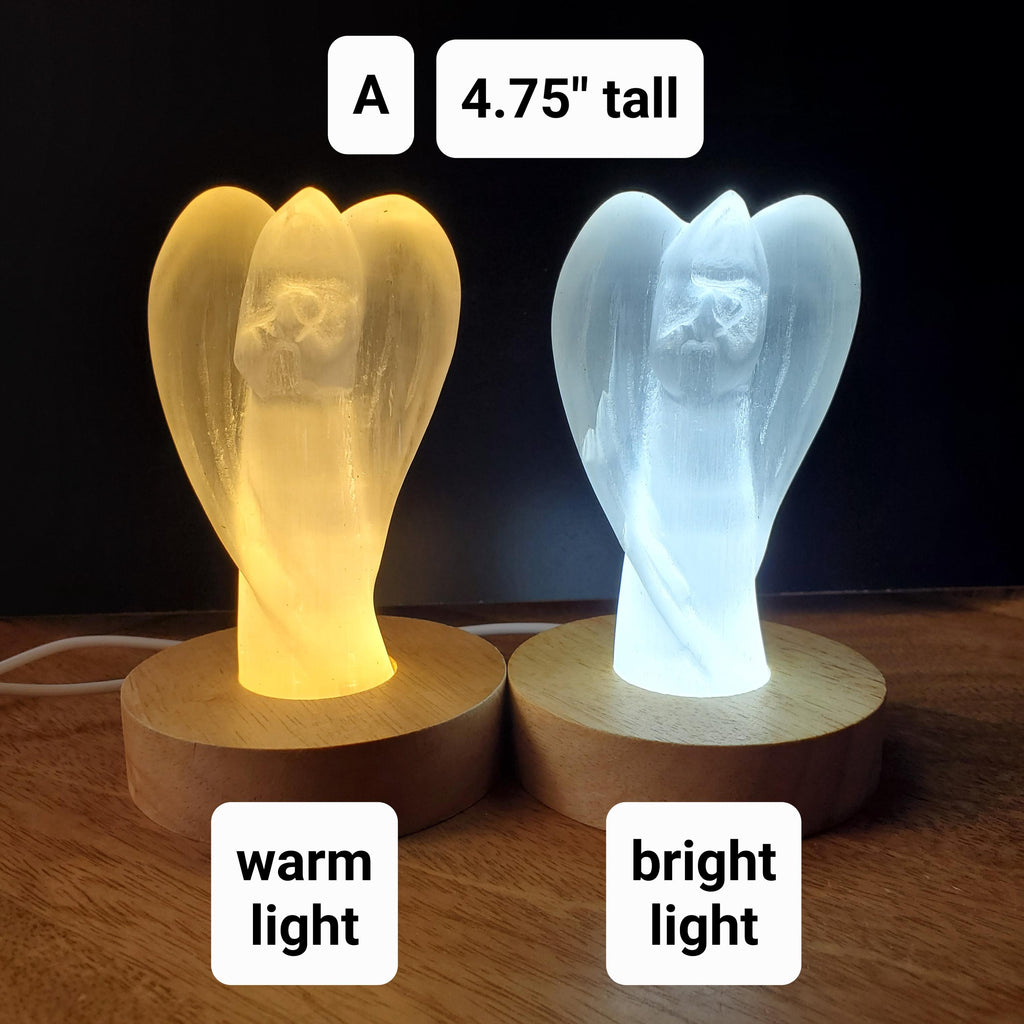 Selenite Angel Accent Lamp 4.75" or 6" tall - Tranquility, Blessings, Love & Light - Satin Spar Statement Angel Light with Wood Stand