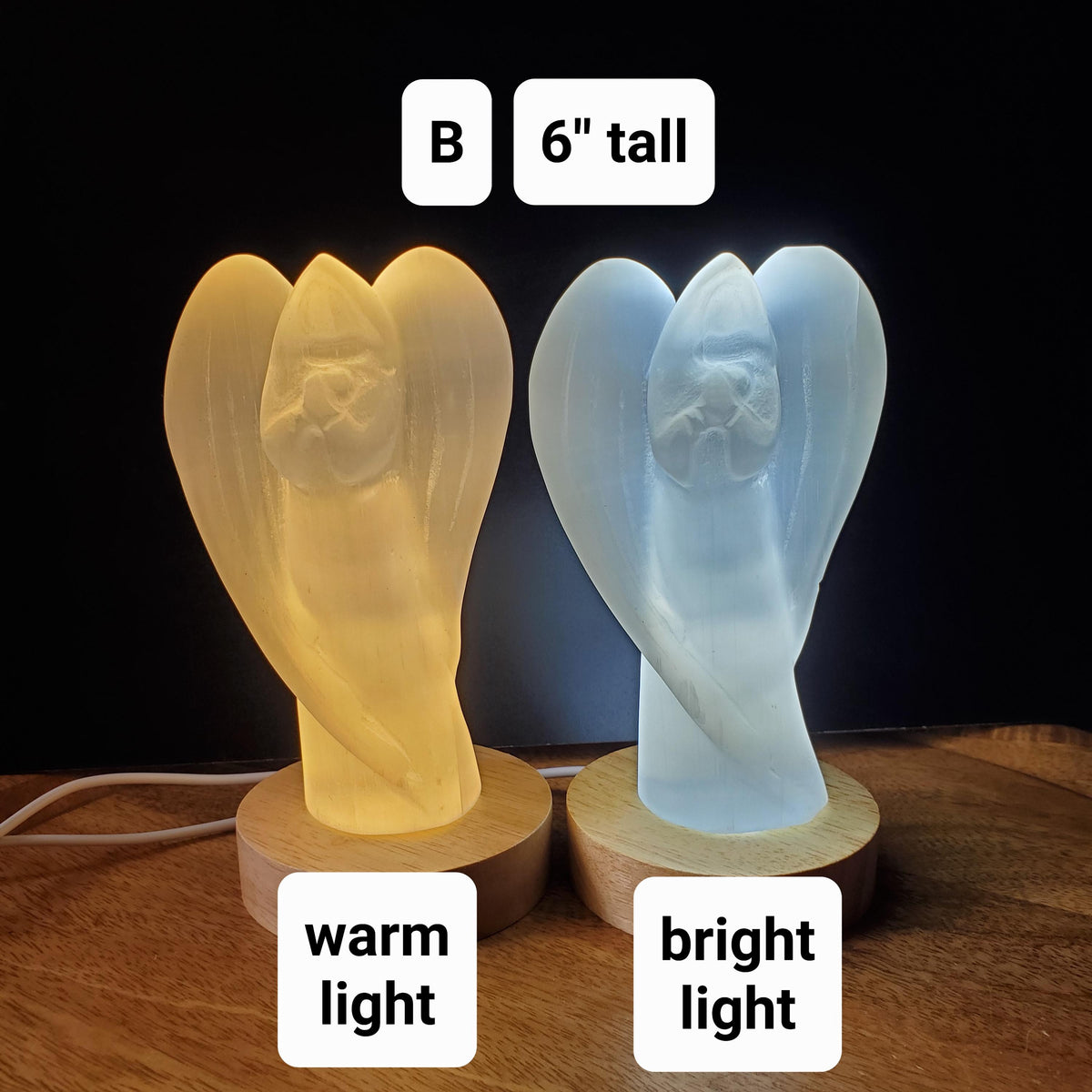Selenite Angel Accent Lamp 4.75" or 6" tall - Tranquility, Blessings, Love & Light - Satin Spar Statement Angel Light with Wood Stand