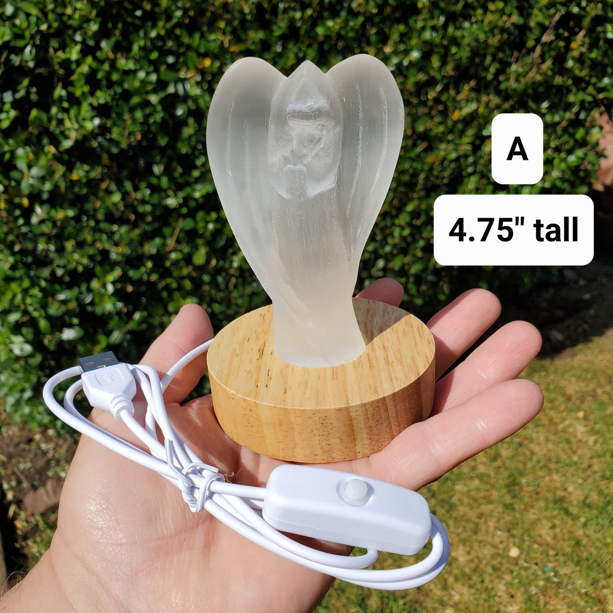 Selenite Angel Accent Lamp 4.75" or 6" tall - Tranquility, Blessings, Love & Light - Satin Spar Statement Angel Light with Wood Stand