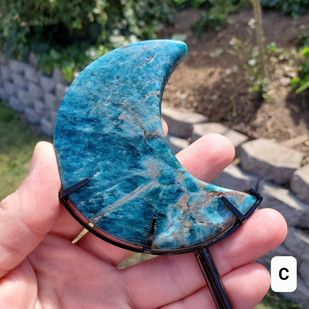 Blue Apatite Moon on Stand - Intuition, Mental Clarity, Manifestation - Blue Vein Crystal Crescent Stone Crystal Statement