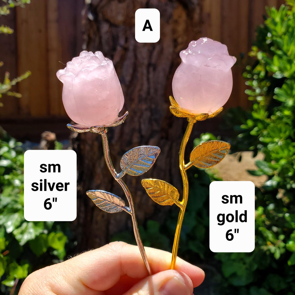 Rose Quartz Long Stem Rose 6" to 9" - Unconditional Love, Compassion, Self Love - Pink Crystal Rose Bud with Silver or Gold Metal Stem