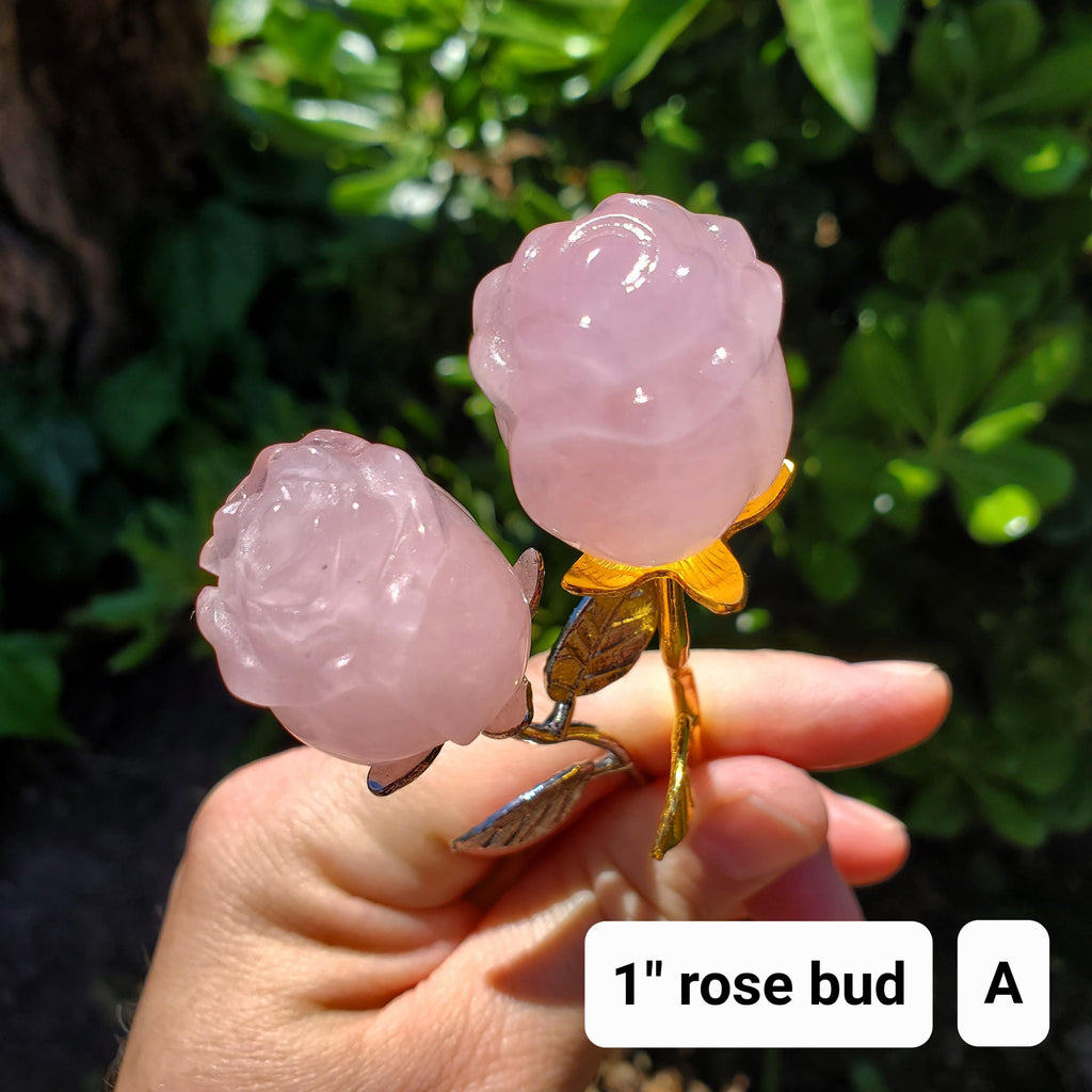 Rose Quartz Long Stem Rose 6" to 9" - Unconditional Love, Compassion, Self Love - Pink Crystal Rose Bud with Silver or Gold Metal Stem