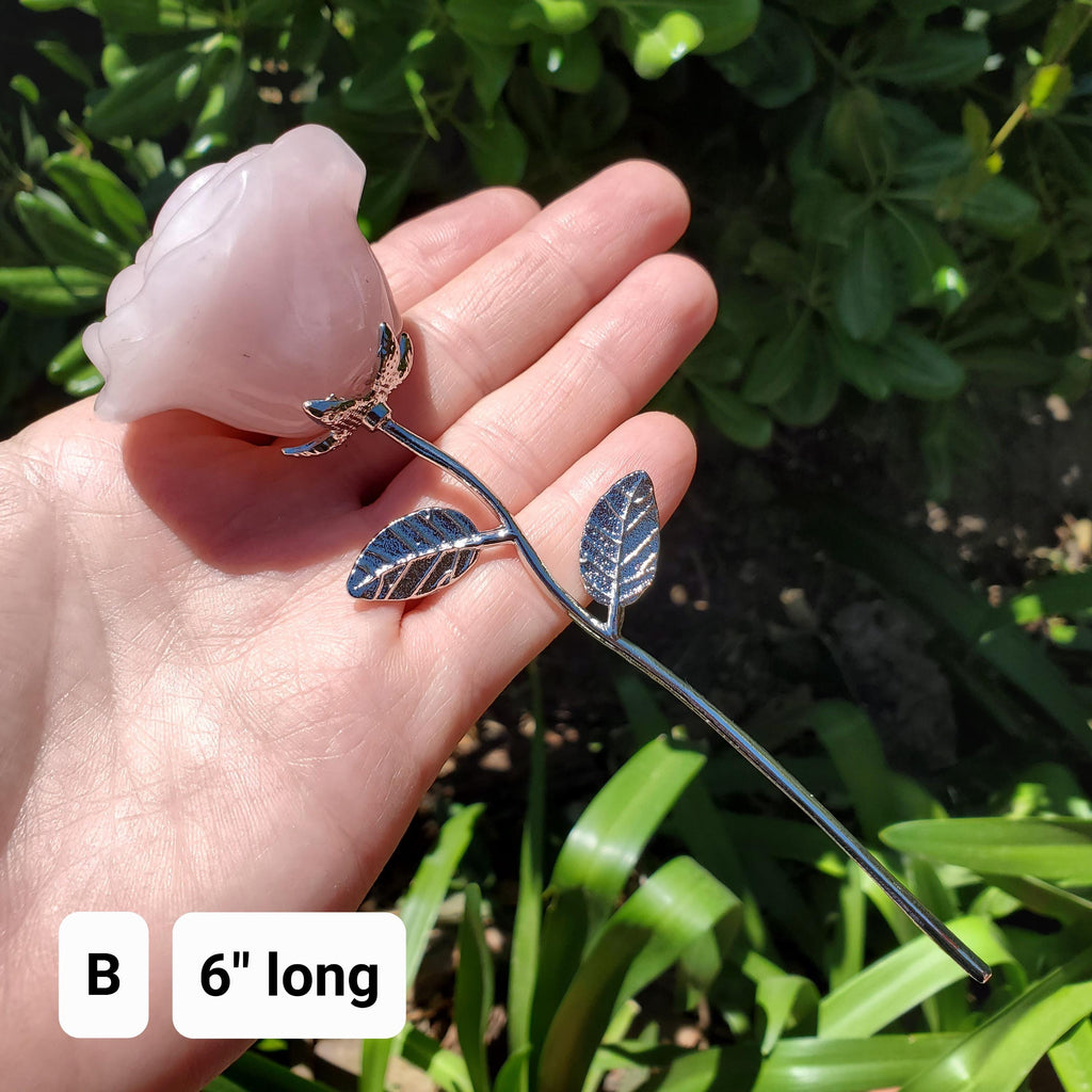 Rose Quartz Long Stem Rose 6" to 9" - Unconditional Love, Compassion, Self Love - Pink Crystal Rose Bud with Silver or Gold Metal Stem