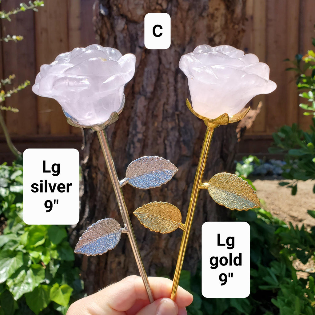 Rose Quartz Long Stem Rose 6" to 9" - Unconditional Love, Compassion, Self Love - Pink Crystal Rose Bud with Silver or Gold Metal Stem