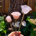 Rose Quartz Long Stem Rose 6" to 9" - Unconditional Love, Compassion, Self Love - Pink Crystal Rose Bud with Silver or Gold Metal Stem