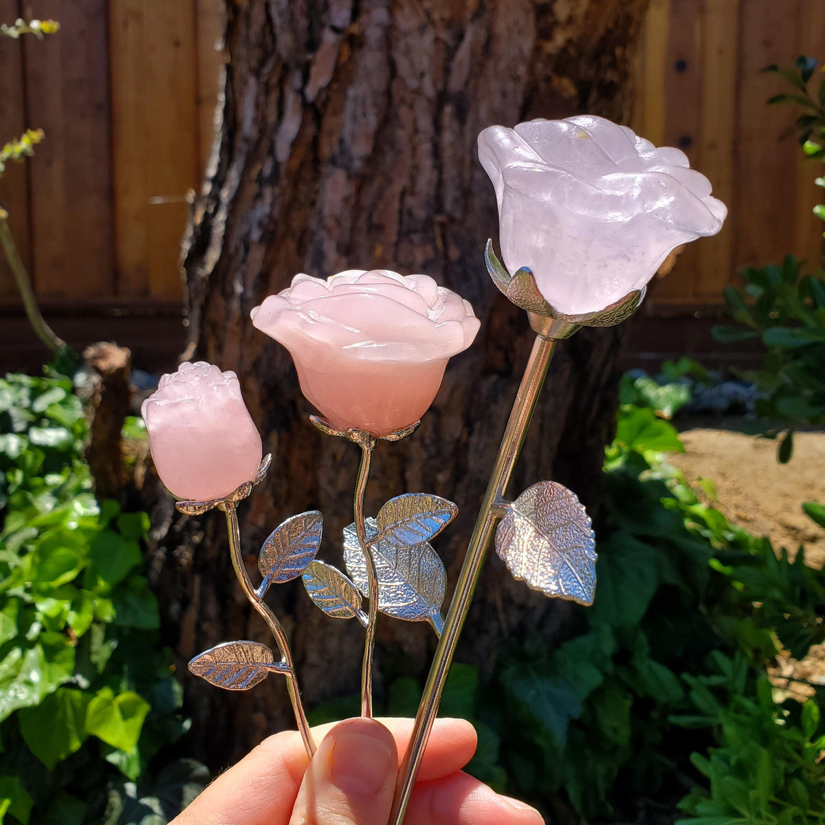 Rose Quartz Long Stem Rose 6" to 9" - Unconditional Love, Compassion, Self Love - Pink Crystal Rose Bud with Silver or Gold Metal Stem
