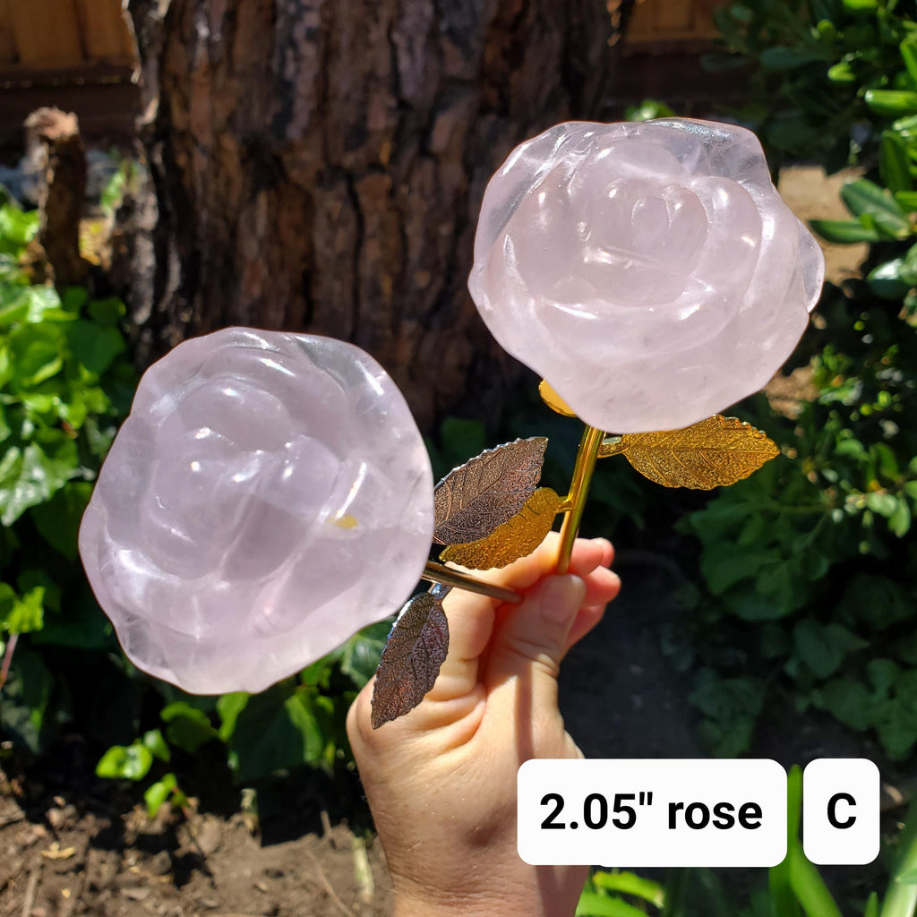 Rose Quartz Long Stem Rose 6" to 9" - Unconditional Love, Compassion, Self Love - Pink Crystal Rose Bud with Silver or Gold Metal Stem