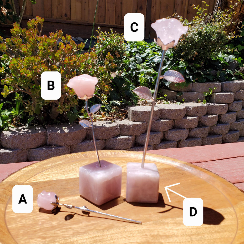 Rose Quartz Long Stem Rose 6" to 9" - Unconditional Love, Compassion, Self Love - Pink Crystal Rose Bud with Silver or Gold Metal Stem