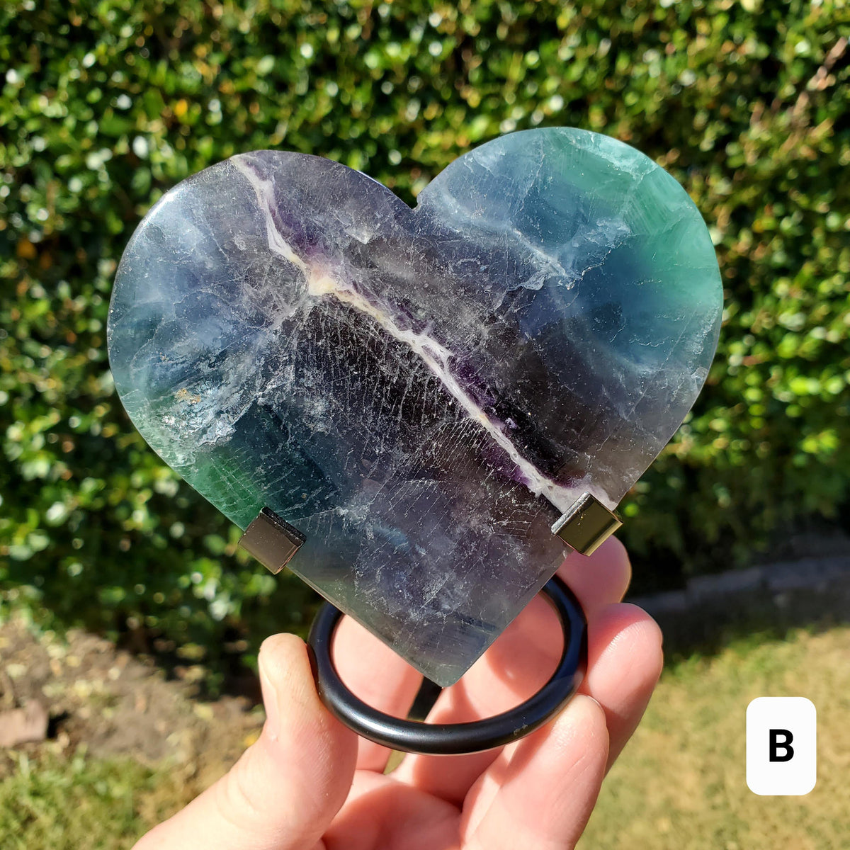 Rainbow Fluorite Heart with Rainbows, Druzy & Stand - Balancing, Protective, Grounding, Mental Clarity - Blue Crystal Heart Statement