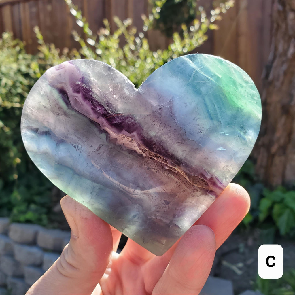 Rainbow Fluorite Heart with Rainbows, Druzy & Stand - Balancing, Protective, Grounding, Mental Clarity - Blue Crystal Heart Statement