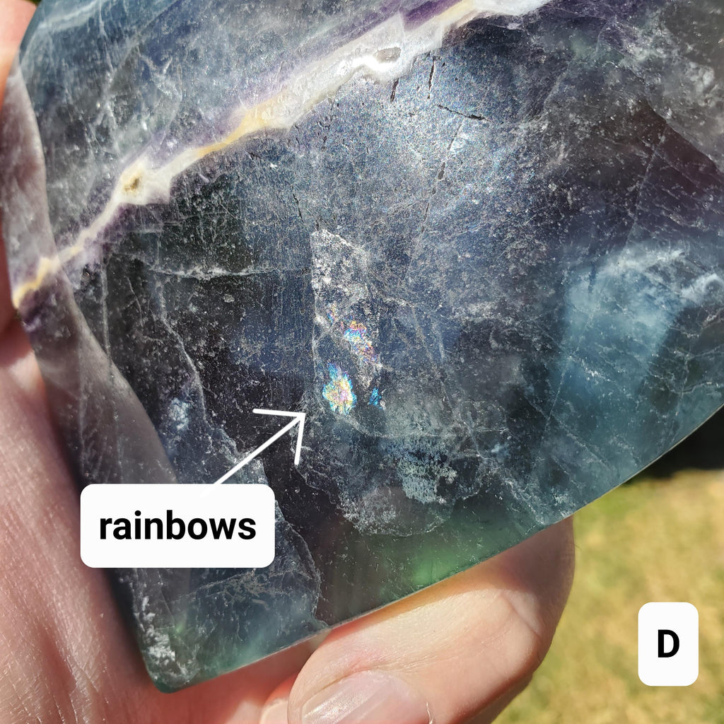 Rainbow Fluorite Heart with Rainbows, Druzy & Stand - Balancing, Protective, Grounding, Mental Clarity - Blue Crystal Heart Statement