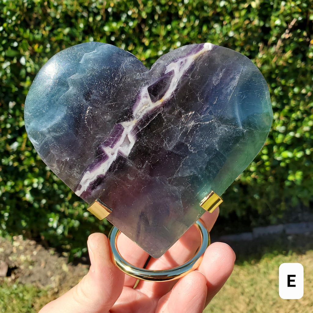 Rainbow Fluorite Heart with Rainbows, Druzy & Stand - Balancing, Protective, Grounding, Mental Clarity - Blue Crystal Heart Statement