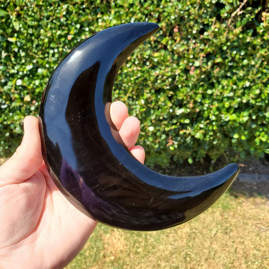 Big Obsidian Moon on Black Stand 11" tall - Self Reflection, Release Negative Energies - Black Moon Witchy Decor Statement Piece