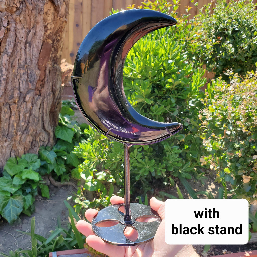 Big Obsidian Moon on Black Stand 11" tall - Self Reflection, Release Negative Energies - Black Moon Witchy Decor Statement Piece