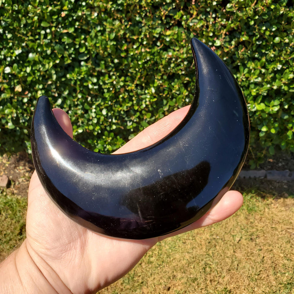 Big Obsidian Moon on Black Stand 11" tall - Self Reflection, Release Negative Energies - Black Moon Witchy Decor Statement Piece