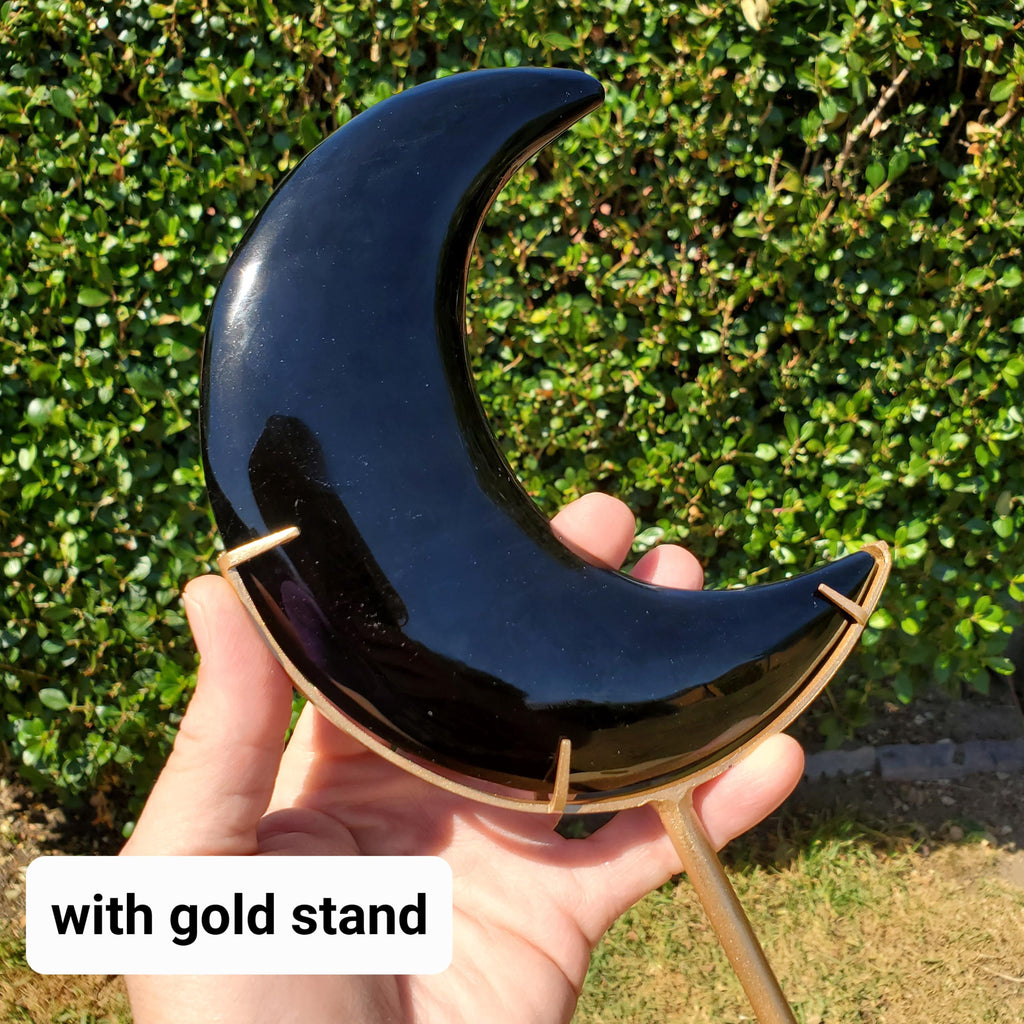 Big Obsidian Moon on Black Stand 11" tall - Self Reflection, Release Negative Energies - Black Moon Witchy Decor Statement Piece