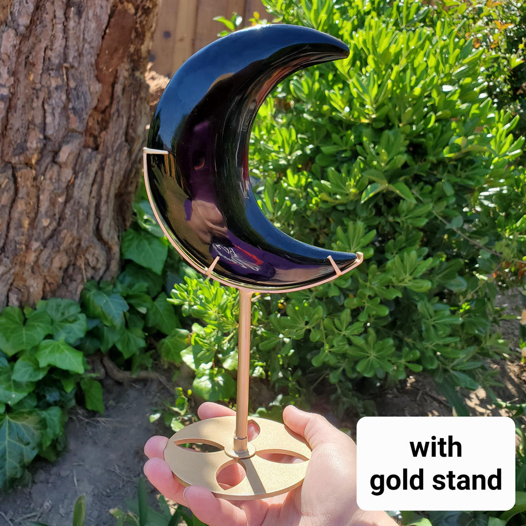 Big Obsidian Moon on Black Stand 11" tall - Self Reflection, Release Negative Energies - Black Moon Witchy Decor Statement Piece