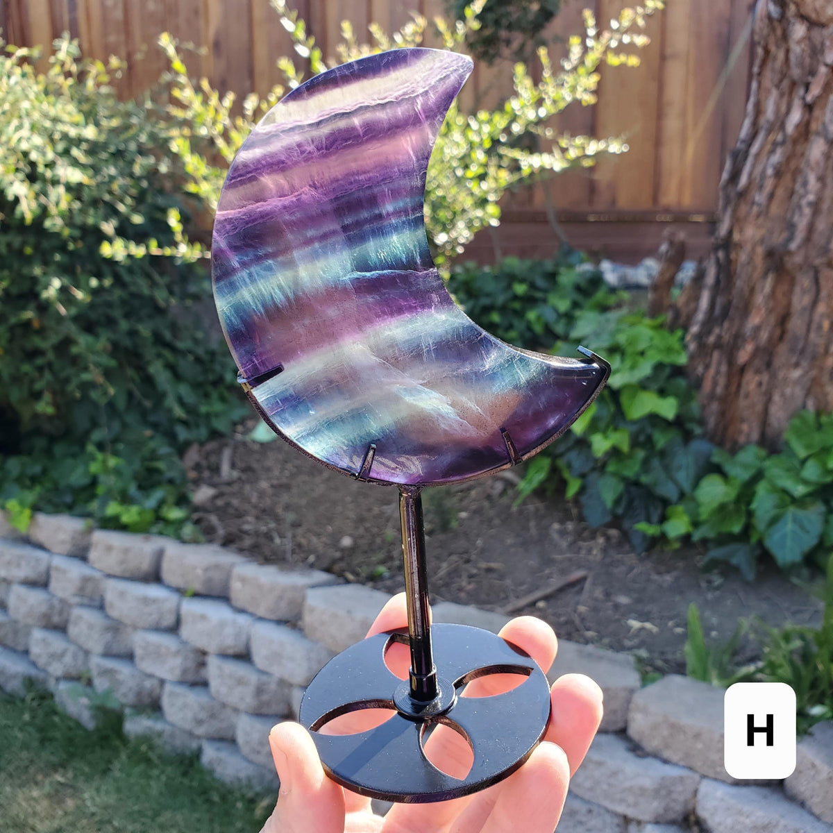Rainbow Fluorite Moon on Stand - Mental Concentration, Energetic Protection, Positivity - Fluorite Crystal Moon Healing Gemstone