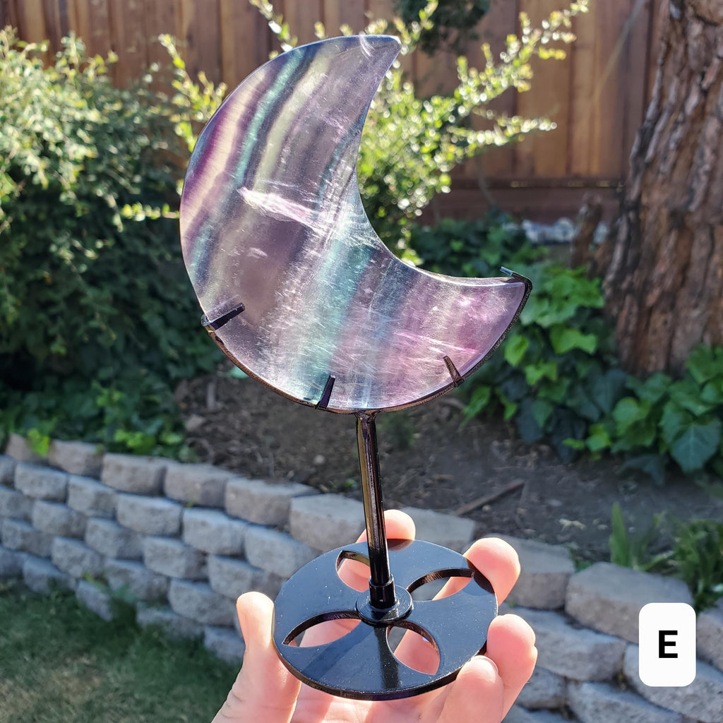 Rainbow Fluorite Moon on Stand - Mental Concentration, Energetic Protection, Positivity - Fluorite Crystal Moon Healing Gemstone