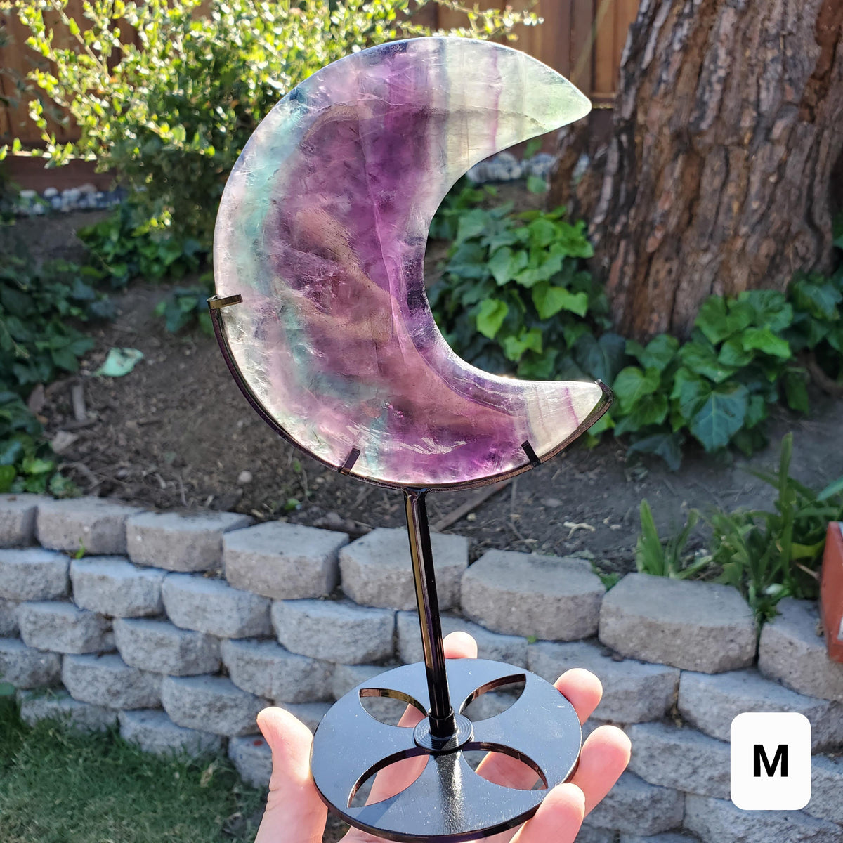 Rainbow Fluorite Moon on Stand - Mental Concentration, Energetic Protection, Positivity - Fluorite Crystal Moon Healing Gemstone