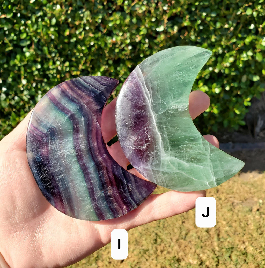 Rainbow Fluorite Moon on Stand - Mental Concentration, Energetic Protection, Positivity - Fluorite Crystal Moon Healing Gemstone