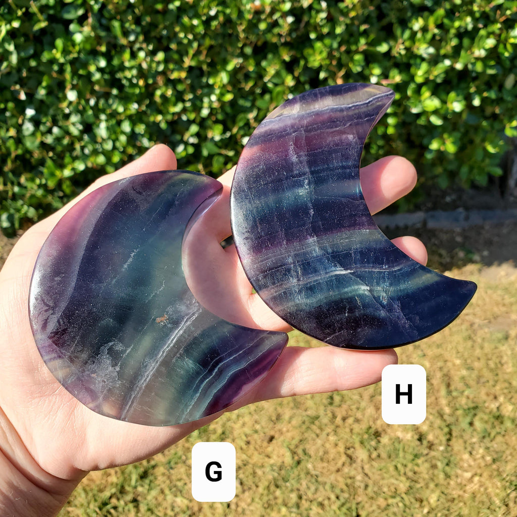 Rainbow Fluorite Moon on Stand - Mental Concentration, Energetic Protection, Positivity - Fluorite Crystal Moon Healing Gemstone