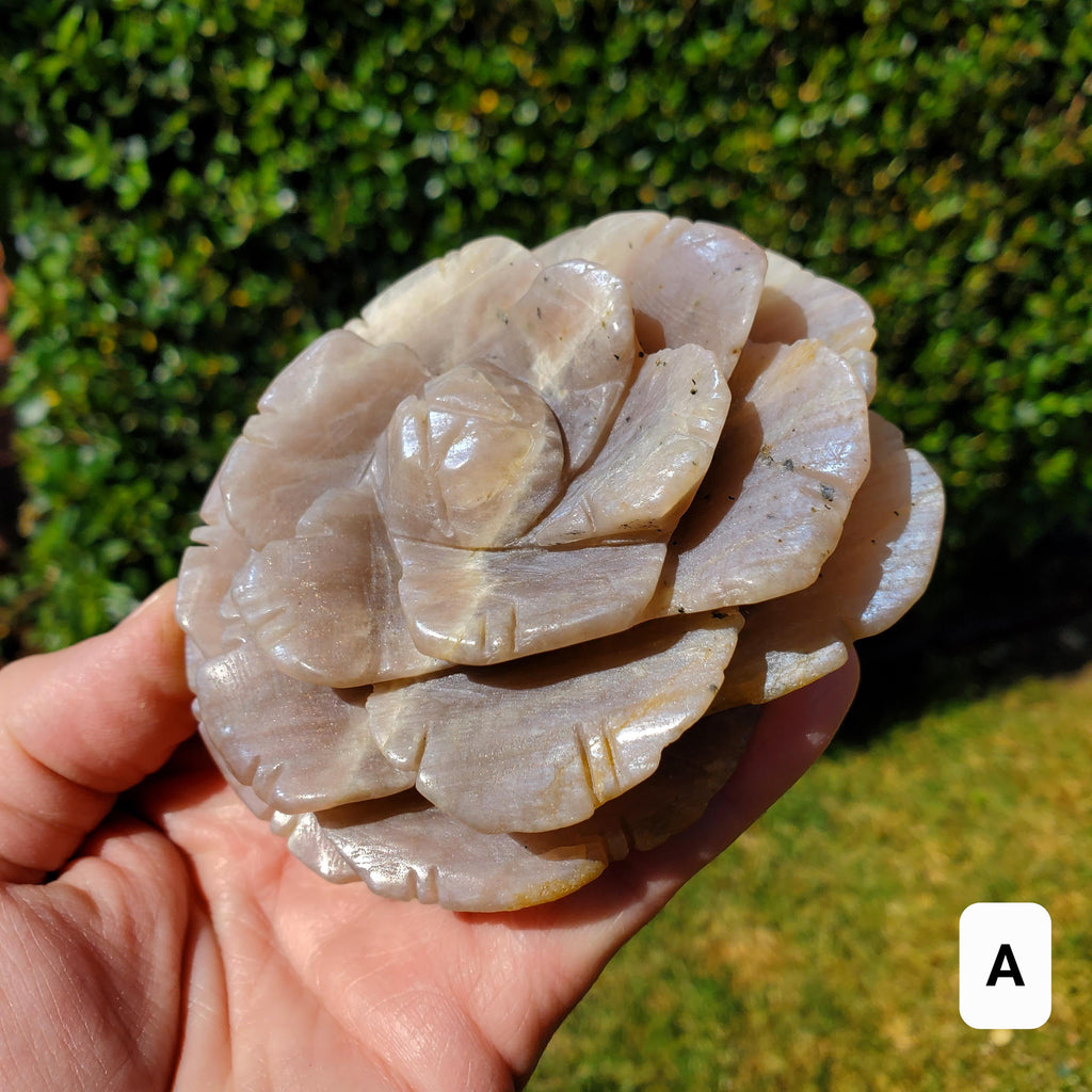 Chunky & Flashy Moonstone Flower - Uplifting, Feminine Energy, Empowering - Crystal Healing Rose Carving Statement Gemstone