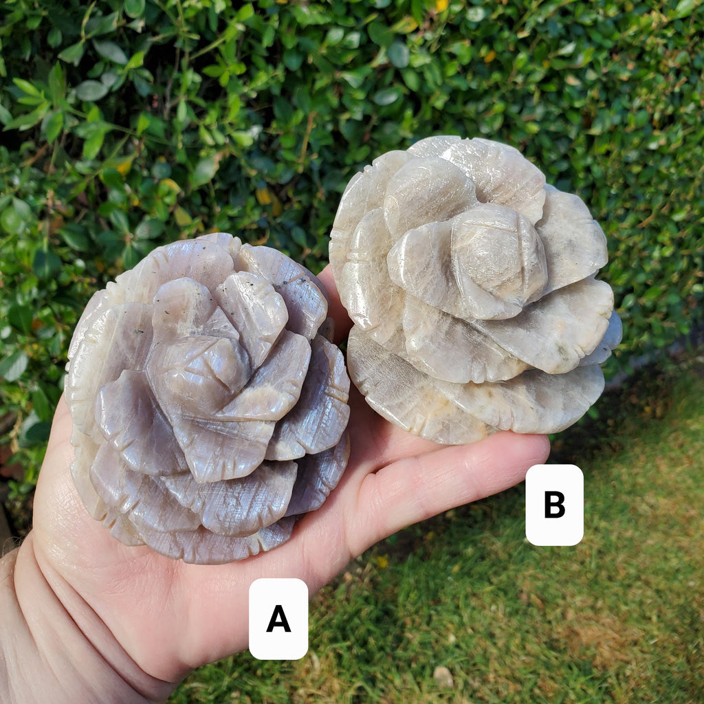 Chunky & Flashy Moonstone Flower - Uplifting, Feminine Energy, Empowering - Crystal Healing Rose Carving Statement Gemstone